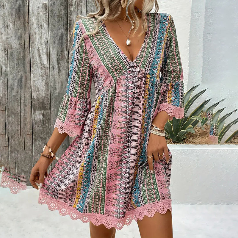 Women's Boho Print Mini Dress V-Neck 3 4 Sleeve Flowy Casual Summer Beach Sundress