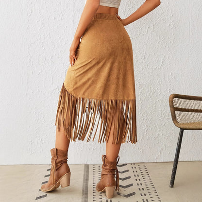 Women's Western Style Imitation Suede Fringe High Waisted A-line Skirt