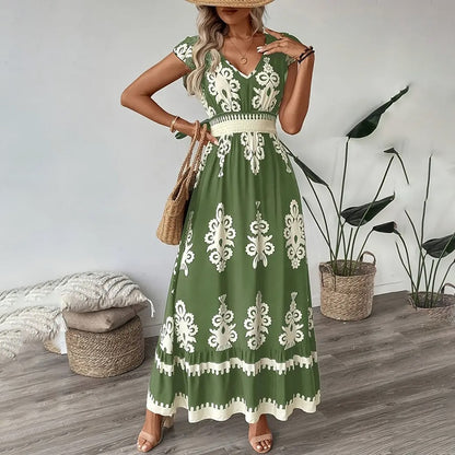 Women's Summer Flowy Maxi Dress Casual Cap Sleeve V Neck Smocked Waist Beach Sundress