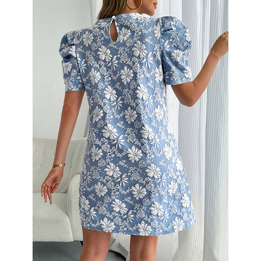 Women's Summer Mini Dress Short Sleeve Floral Jacquard Puff Sleeve Crew Neck Dress