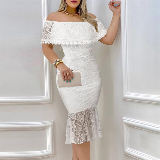 Women's Elegant Floral Lace Off The Shoulder Dress Scallop Trim Party Wedding Guest Bodycon Dress