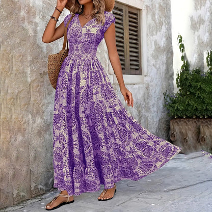 Women's Sexy V-Neck Short Sleeve Maxi Dress Summer Prints And Flowy Big Hem Beach Dresses