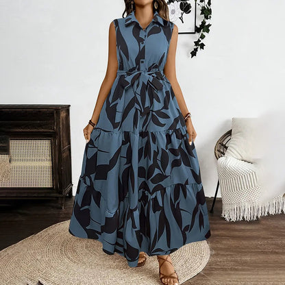 Women Sleeveless Boho Floral Maxi Dress Summer Button Shirt V Neck Flowy Belted Beach Vacation Dresses
