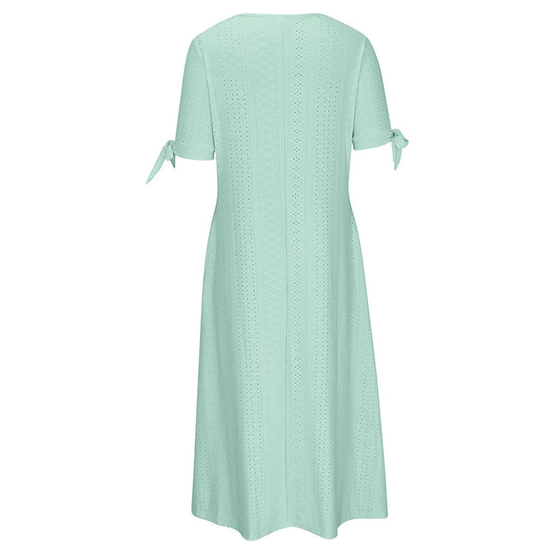 Women's Eyelet V-Neck Maxi Dress Short Sleeve Flowy A-Line Summer Beach Dress