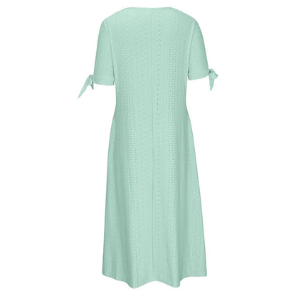 Women's Eyelet V-Neck Maxi Dress Short Sleeve Flowy A-Line Summer Beach Dress
