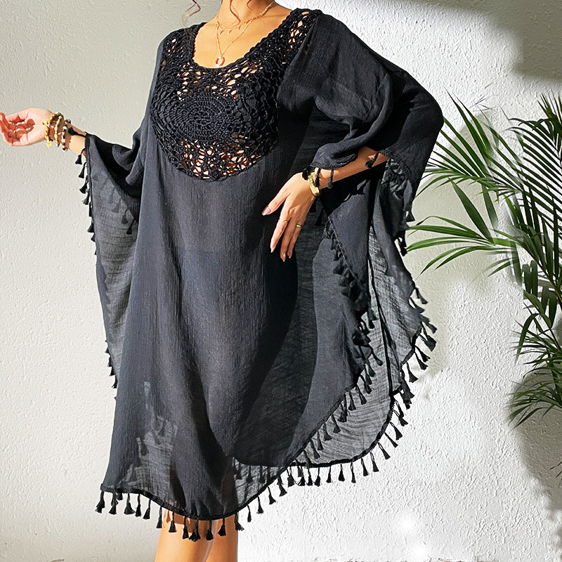 Sexy Tassel Trim Crochet Cover Up Women's Solid Color Beachwear, Summer Round Neck Boho Fashion Dress