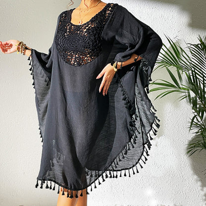 Sexy Tassel Trim Crochet Cover Up Women's Solid Color Beachwear, Summer Round Neck Boho Fashion Dress