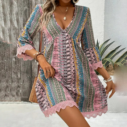 Women's Boho Print Mini Dress V-Neck 3 4 Sleeve Flowy Casual Summer Beach Sundress