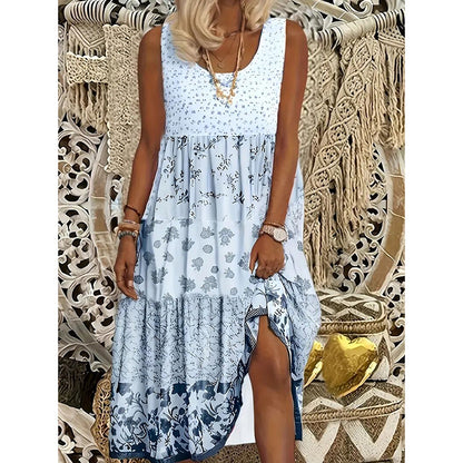 Women's Plus Size Boho Floral Dresses Sleeveless Tiered Pleated Swing Long Sundress
