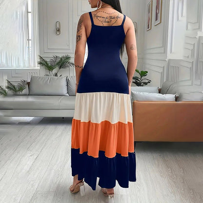 Women's Summer Casual Sleeveless V Neck Color Block Spaghetti Strap Maxi Long Dress