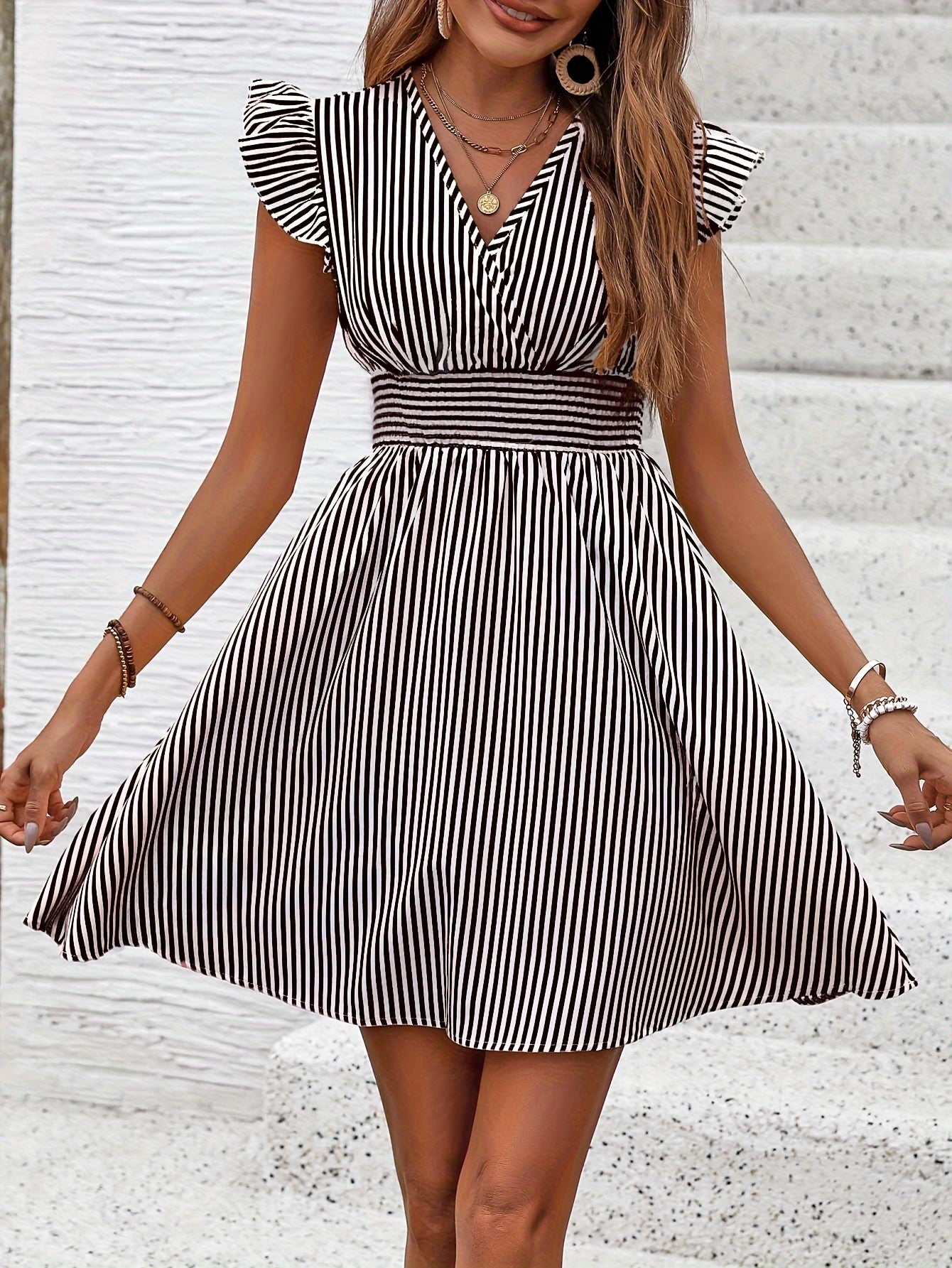 Women's Mini Dress V Neck Flutter Sleeve Striped Smocked Waist A Line Short Summer Dress