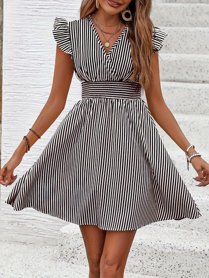 Women's Mini Dress V Neck Flutter Sleeve Striped Smocked Waist A Line Short Summer Dress