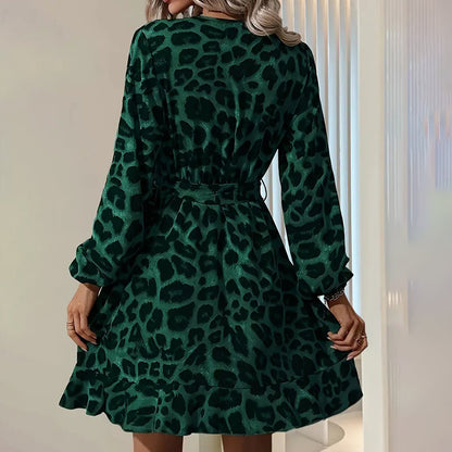 Women's Leopard Print Ruffle Hem Long Sleeve V Neck Belted A Line Dress