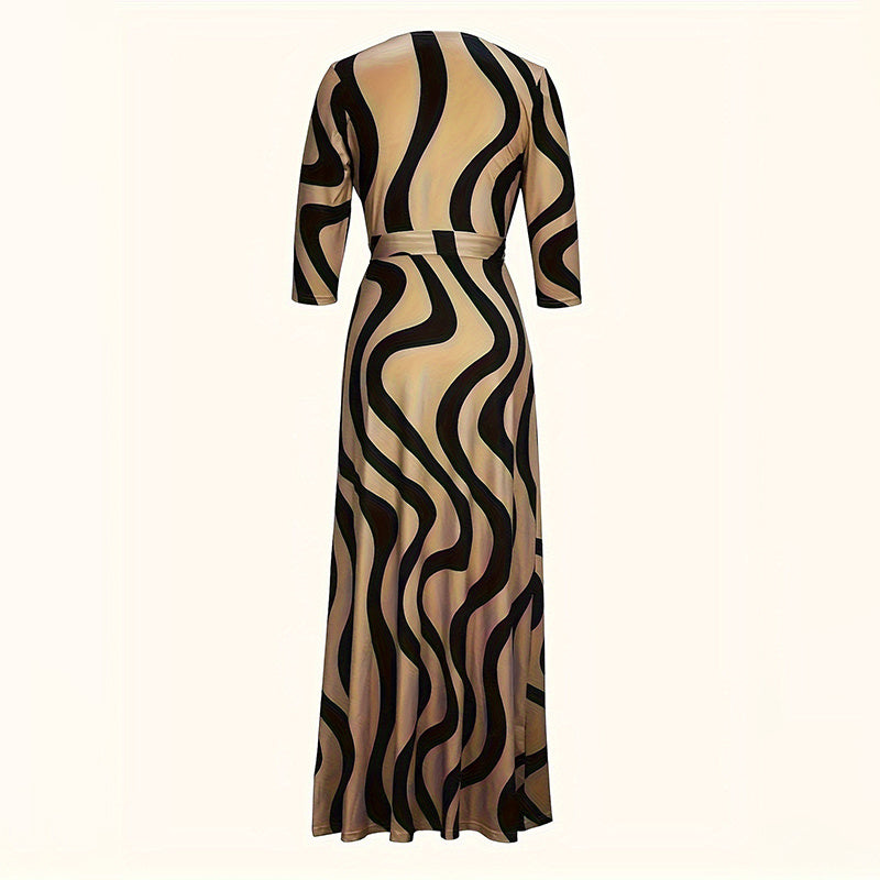 Women's Summer Geometric Print Maxi Dresses Casual 3 4 Sleeve V-Neck Tie Waist Long Dress