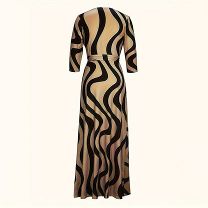 Women's Summer Geometric Print Maxi Dresses Casual 3 4 Sleeve V-Neck Tie Waist Long Dress