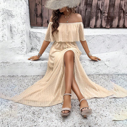 Womens Off The Shoulder Ruffle Party Dresses Side Split Beach Maxi Dress