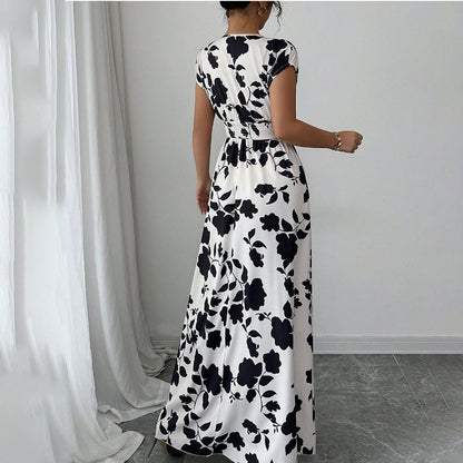 Women's Wrap V Neck Short Sleeve Empire Elastic Waist Summer Casual Elegant Maxi Long Dresses
