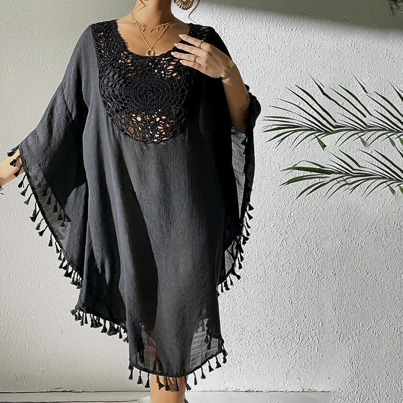 Sexy Tassel Trim Crochet Cover Up Women's Solid Color Beachwear, Summer Round Neck Boho Fashion Dress