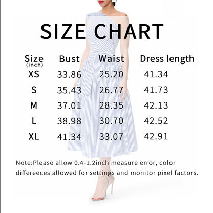 Women's Summer One Shoulder Striped Midi Dress Elegant Tie Waist Bodycon Dresses With Pockets