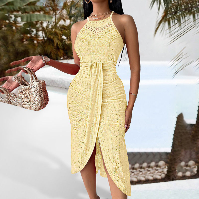 Women's Sexy Halter Neck Ruched Bodycon Midi Dresses Elegant Sleeveless Cocktail Party Dress