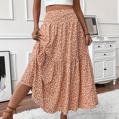 Women's Boho Floral Maxi Skirt - High Elastic Waist, Pleated A-Line Long Skirt