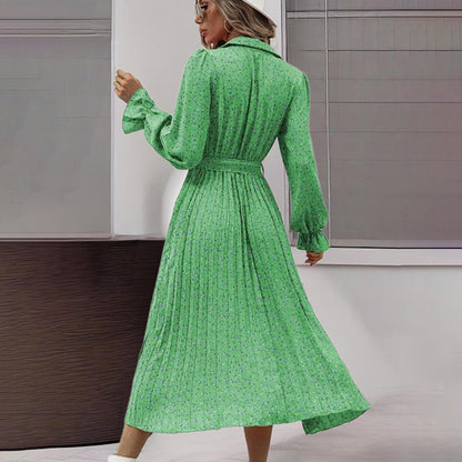 Women's Long Sleeve V Neck Button Down Belted A-Line Flowy Midi Shirt Dress