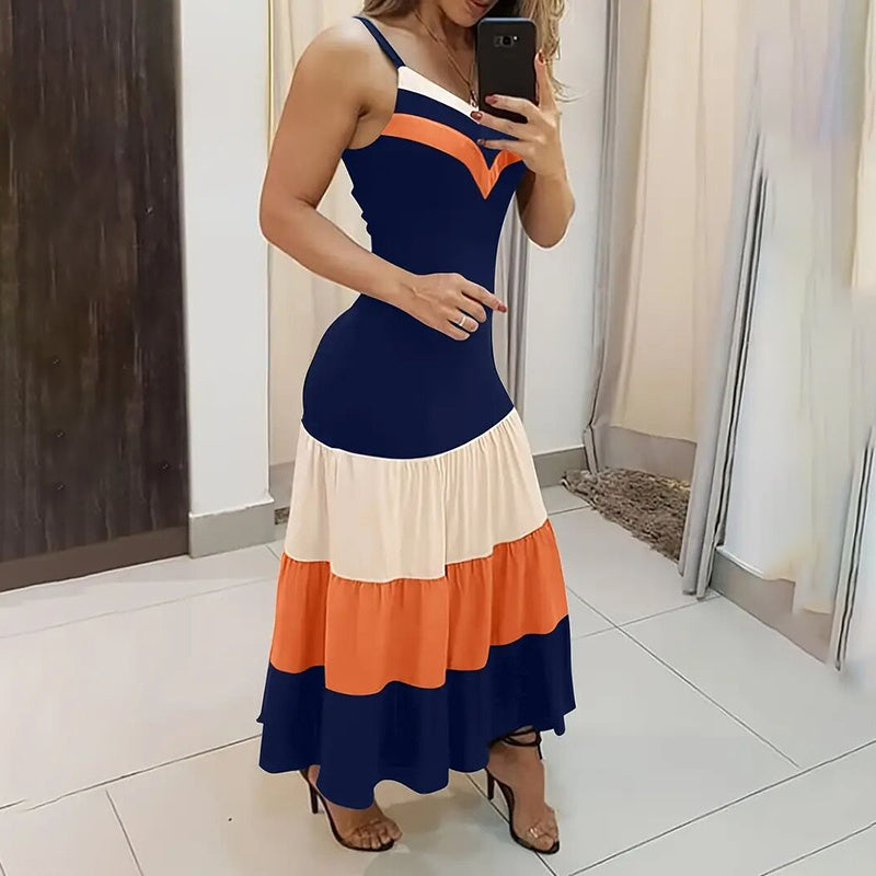 Women's Summer Casual Sleeveless V Neck Color Block Spaghetti Strap Maxi Long Dress