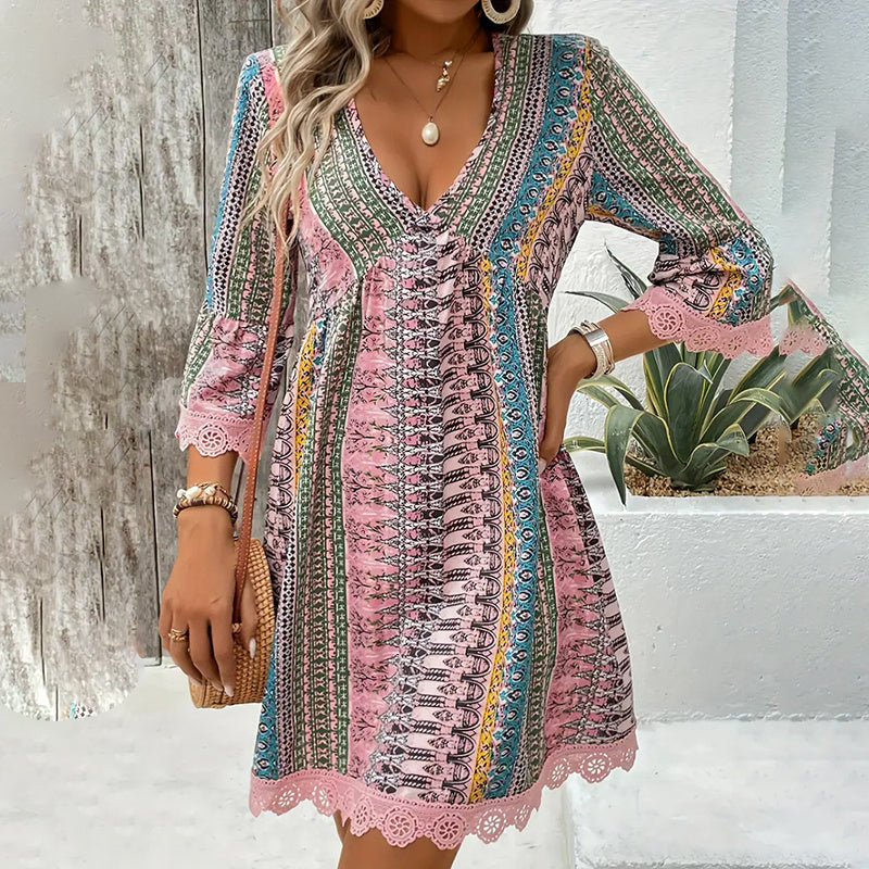 Women's Boho Print Mini Dress V-Neck 3 4 Sleeve Flowy Casual Summer Beach Sundress