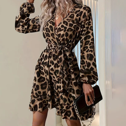 Women's Leopard Print Ruffle Hem Long Sleeve V Neck Belted A Line Dress