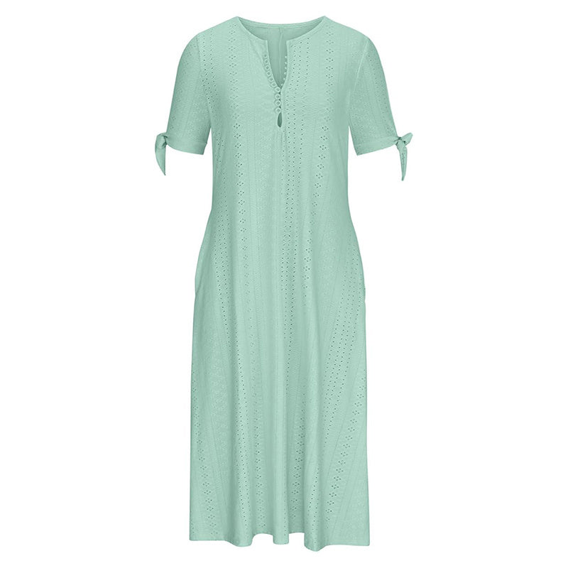 Women's Eyelet V-Neck Maxi Dress Short Sleeve Flowy A-Line Summer Beach Dress