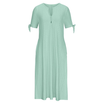 Women's Eyelet V-Neck Maxi Dress Short Sleeve Flowy A-Line Summer Beach Dress