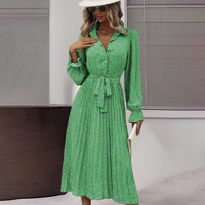 Women's Long Sleeve V Neck Button Down Belted A-Line Flowy Midi Shirt Dress