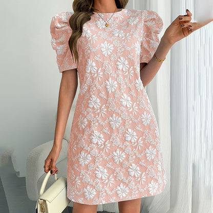 Women's Puff Sleeve A-Line Mini Dress Crew Neck Floral Casual Summer Dress