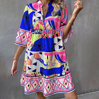 Womens Mini Dress Casual V-Neck Printed Flared Sleeve Pleated Short Beach Dresses