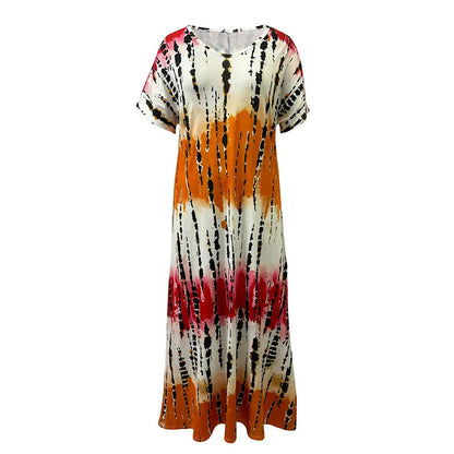 Women's Summer Tie Dye Maxi Dress Short Sleeve V Neck Casual Loose Long Split Dresses