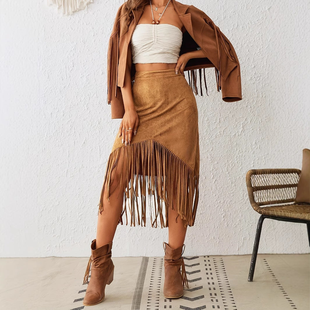 Women's Western Style Imitation Suede Fringe High Waisted A-line Skirt