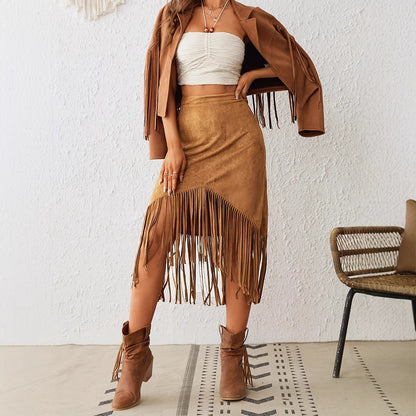 Women's Western Style Imitation Suede Fringe High Waisted A-line Skirt