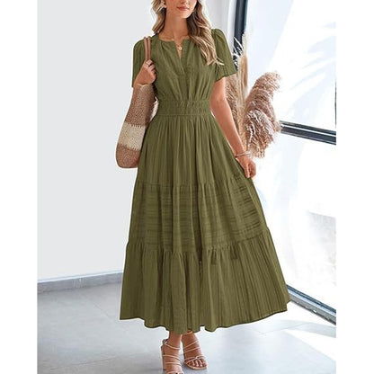 Women's Summer Short Sleeve V Neck Swing Dress Flowy Pleated Tiered Maxi Beach Sundress With Pockets