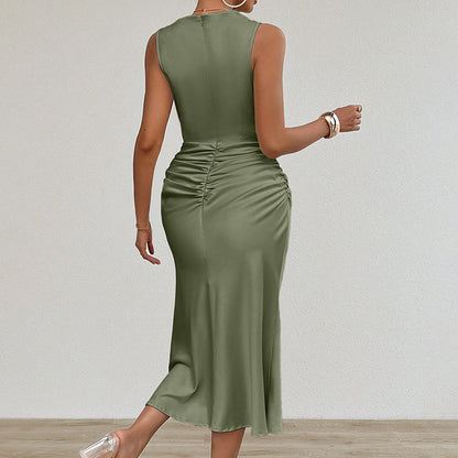 Women's Summer Sleeveless Tank Dress Crew Neck Slim Fit Ruched Bodycon Dress Casual Party Club Dress
