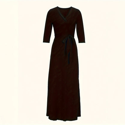 Women's Summer Geometric Print Maxi Dresses Casual 3 4 Sleeve V-Neck Tie Waist Long Dress
