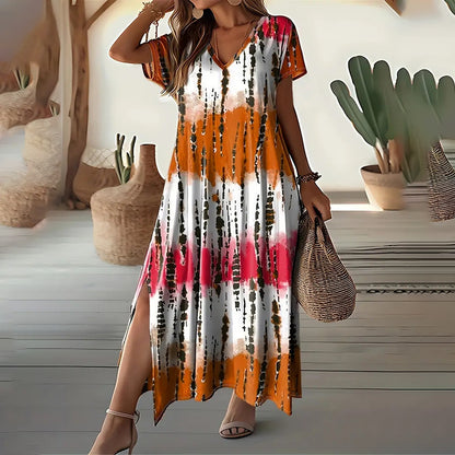 Women's Summer Tie Dye Maxi Dress Short Sleeve V Neck Casual Loose Long Split Dresses