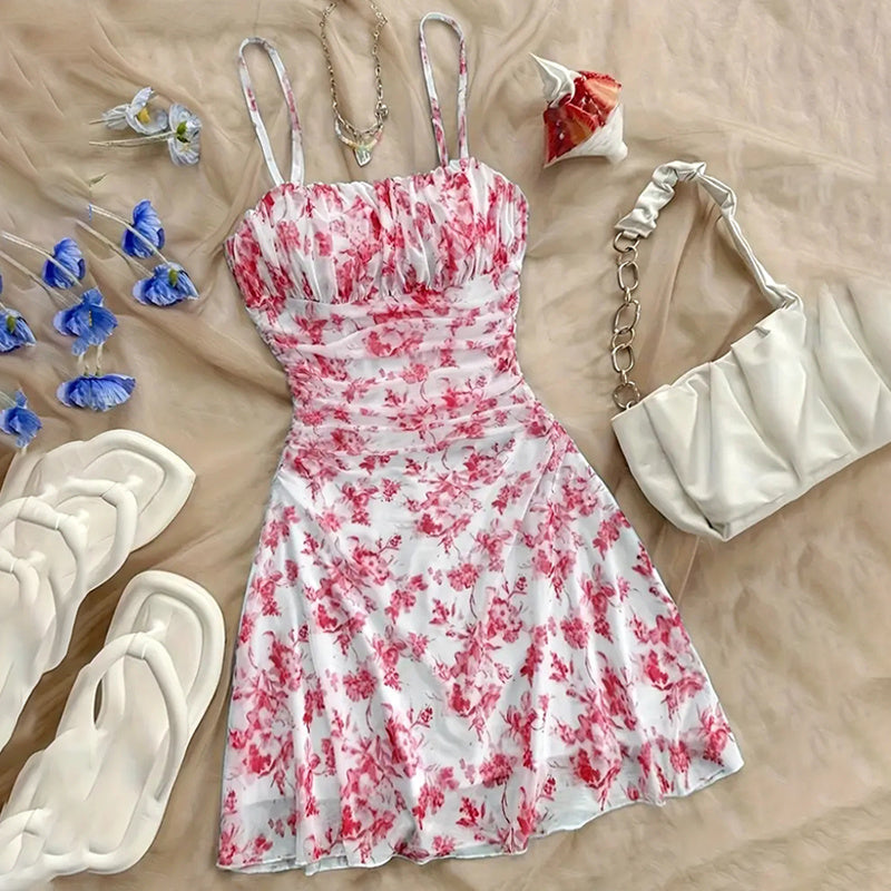 Women's Boho Floral Print Mini Dress Spaghetti Strap Ruched Ruffle Hem Vacation Sundresses