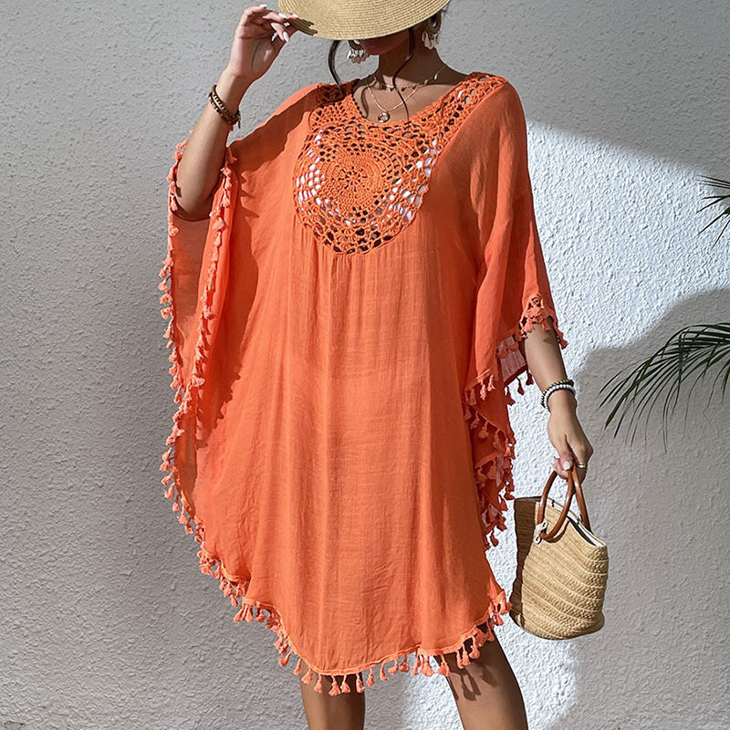 Sexy Tassel Trim Crochet Cover Up Women's Solid Color Beachwear, Summer Round Neck Boho Fashion Dress