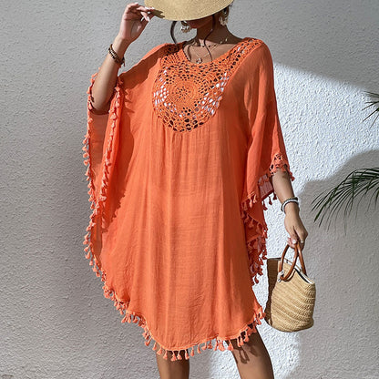 Sexy Tassel Trim Crochet Cover Up Women's Solid Color Beachwear, Summer Round Neck Boho Fashion Dress