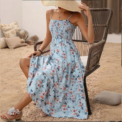 Womens Summer Floral Midi Dress Smocked Spaghetti Strap Sleeveless Tiered Casual Flowy Dresses