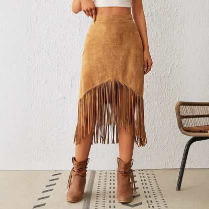 Women's Western Style Imitation Suede Fringe High Waisted A-line Skirt