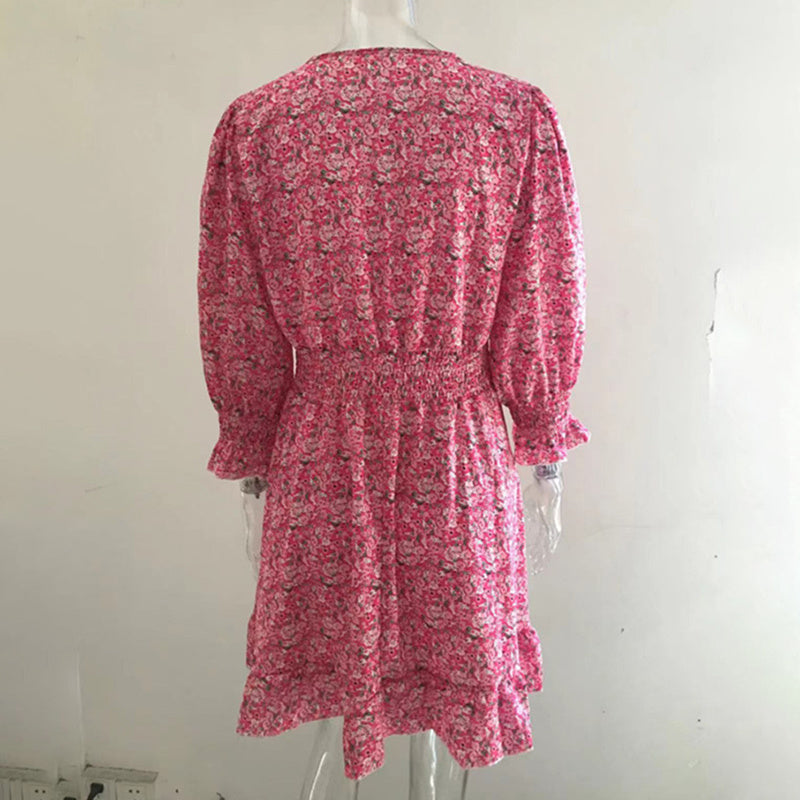 Womens Boho Floral Deep V Neck Smocked Elastic Waist Casual A-Line Swing Mini Dress Sundress