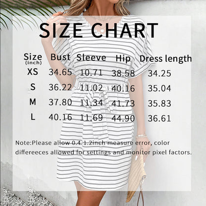 Womens Summer Short Sleeve Striped Dress Casual Tie Waist Midi Dresses