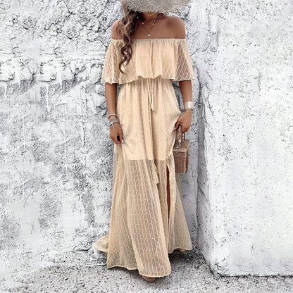 Womens Off The Shoulder Ruffle Party Dresses Side Split Beach Maxi Dress