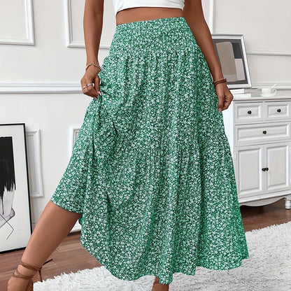 Women's Boho Floral Maxi Skirt - High Elastic Waist, Pleated A-Line Long Skirt